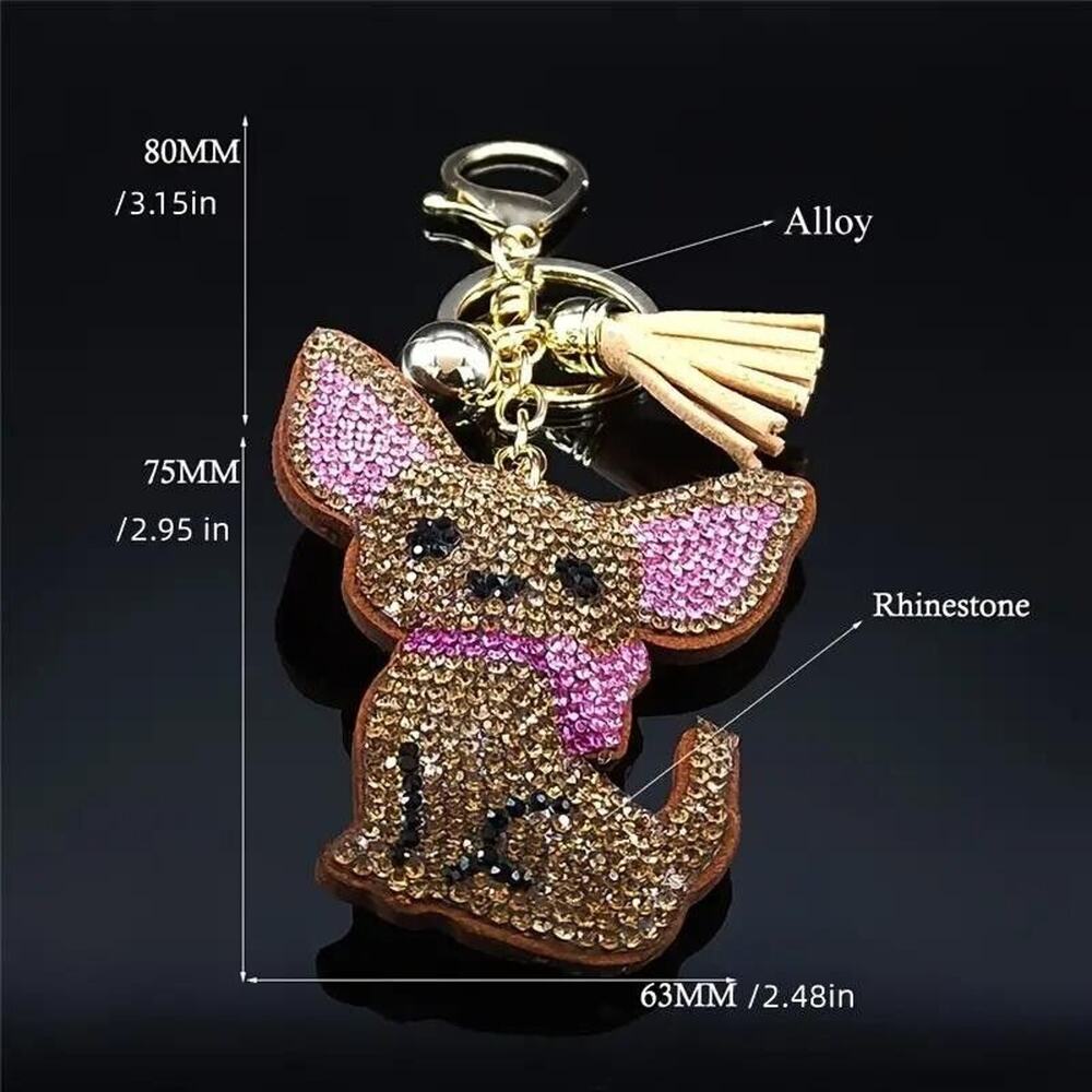 CHIHUAHUA Dog Key Ring Fob Clip on Plush Purse Charm Rhinestones Bling Brown - Picture 10 of 13